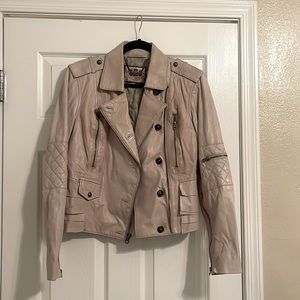 Vintage Juicy Couture Beige Ruffle Leather Jacket Size L Large